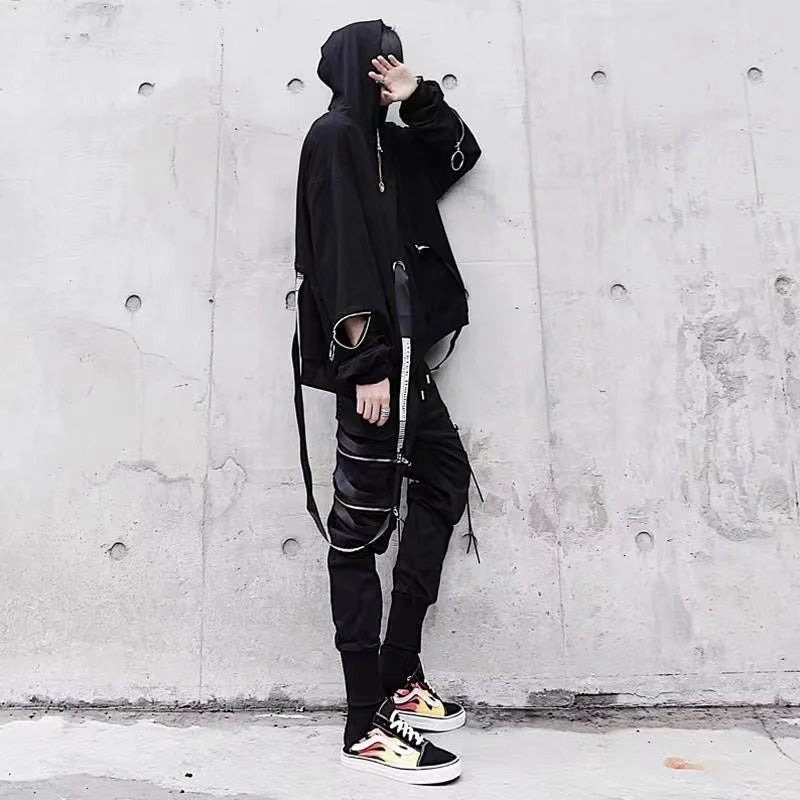 Punk Men Black Hoodie / Pants Set