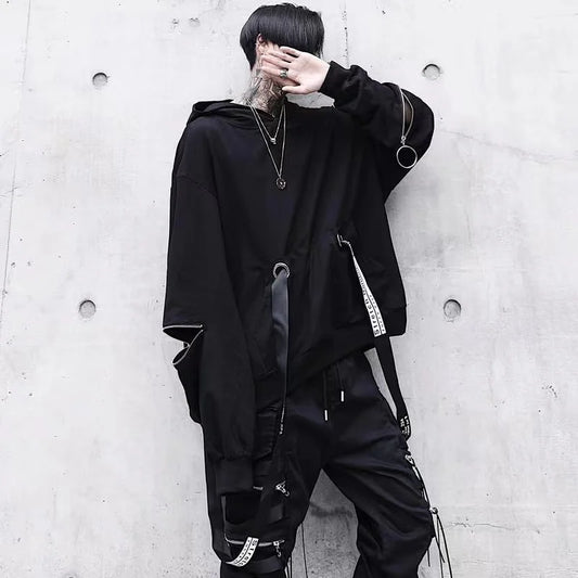 Punk Men Black Hoodie / Pants Set