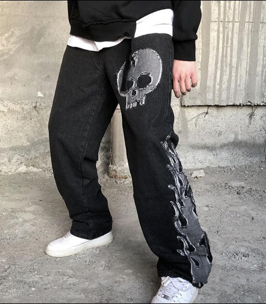 Men Skull Embroidered Vintage Denim