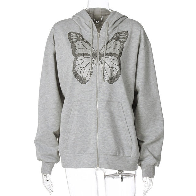 Rhinestone Butterfly Zip-Up Hoodie