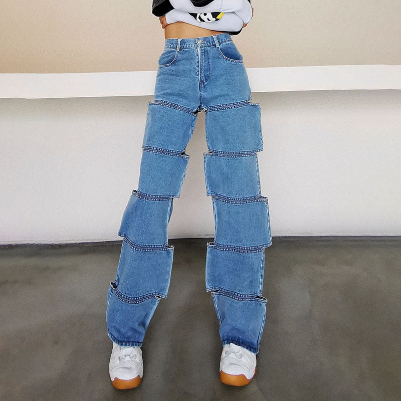 High Waisted Cut-Out Wide Leg Jeans