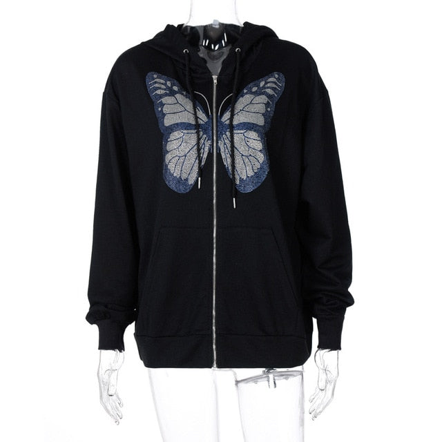 Rhinestone Butterfly Zip-Up Hoodie