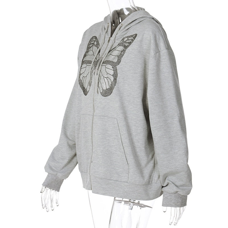 Rhinestone Butterfly Zip-Up Hoodie