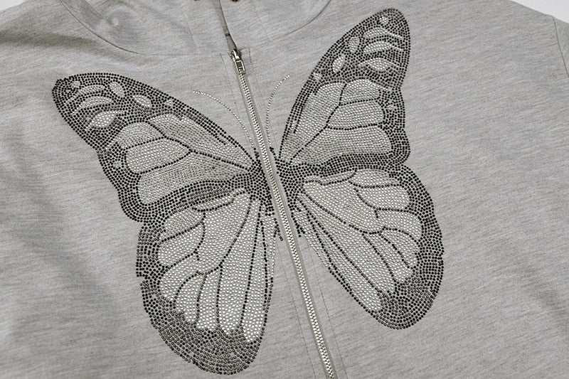 Rhinestone Butterfly Zip-Up Hoodie