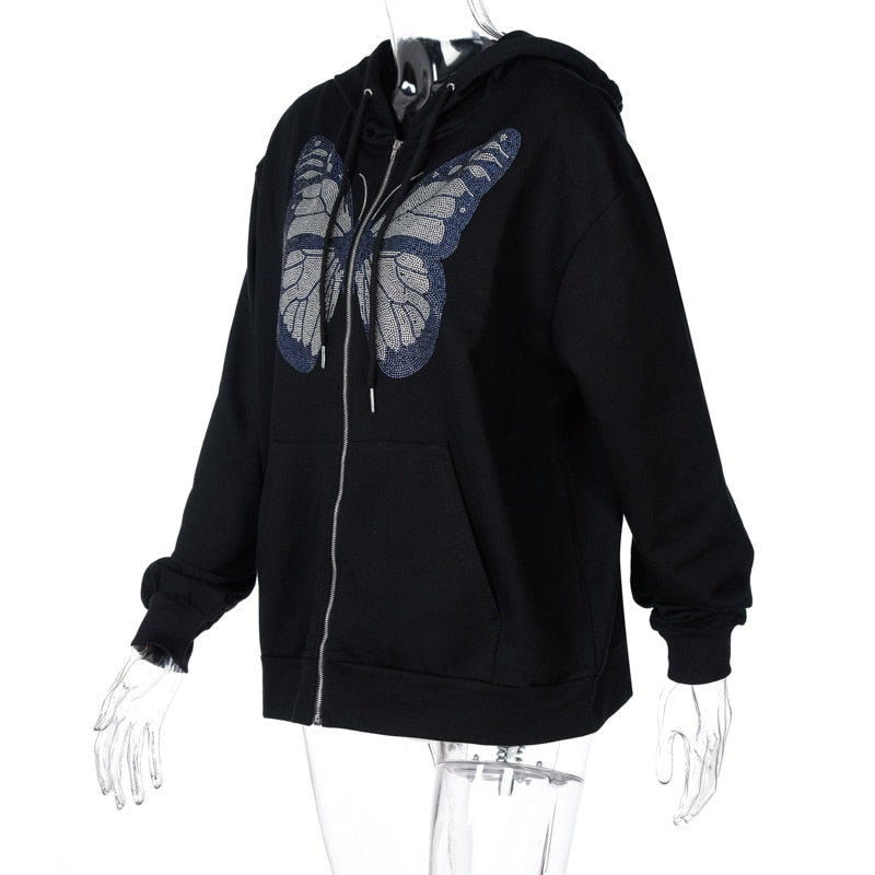 Rhinestone Butterfly Zip-Up Hoodie