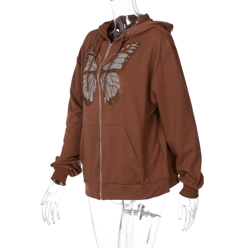 Rhinestone Butterfly Zip-Up Hoodie