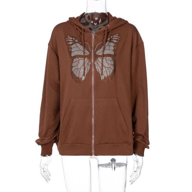 Rhinestone Butterfly Zip-Up Hoodie