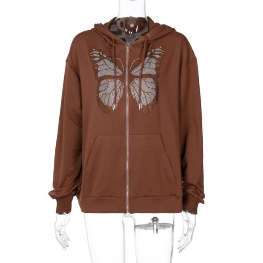 Rhinestone Butterfly Zip-Up Hoodie