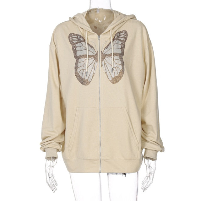 Rhinestone Butterfly Zip-Up Hoodie