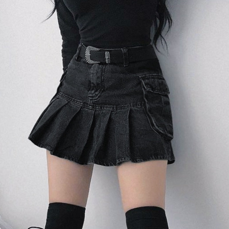 PLEATED HIGH-WAISTED JEAN SKIRT