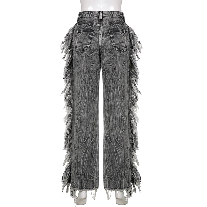 DISTRESSED TASSEL HIGH WAISTED JEANS