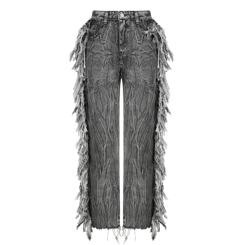 DISTRESSED TASSEL HIGH WAISTED JEANS