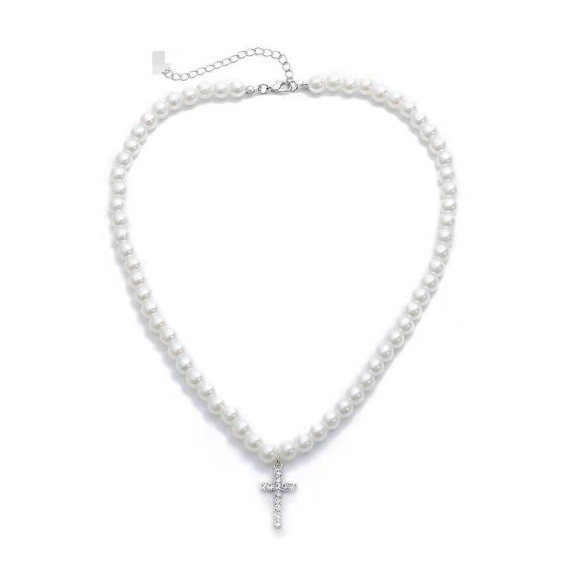 WHITE PEARLS CROSS NECKLACE