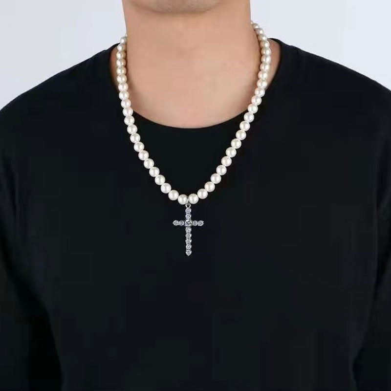 WHITE PEARLS CROSS NECKLACE